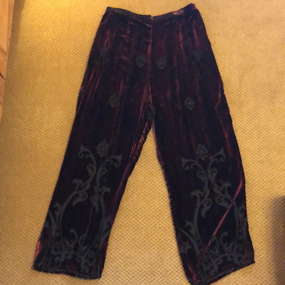 Citron Santa Monica Burgundy Burnout Beaded Velvet Pants Sheer Cutouts Boho XL